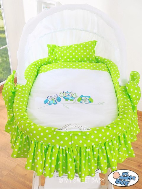 My Sweet Baby Kosz Mojżesza z budką- Sówki biały + zielono-biała pościel z haftem