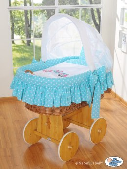 My Sweet Baby Kosz Mojżesza z budką- Sówki naturalny + turkusowo-biała pościel z haftem