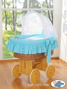 My Sweet Baby Kosz Mojżesza z budką- Sówki naturalny + turkusowo-biała pościel z haftem