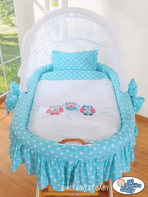 My Sweet Baby Kosz Mojżesza z budką- Sówki naturalny + turkusowo-biała pościel z haftem