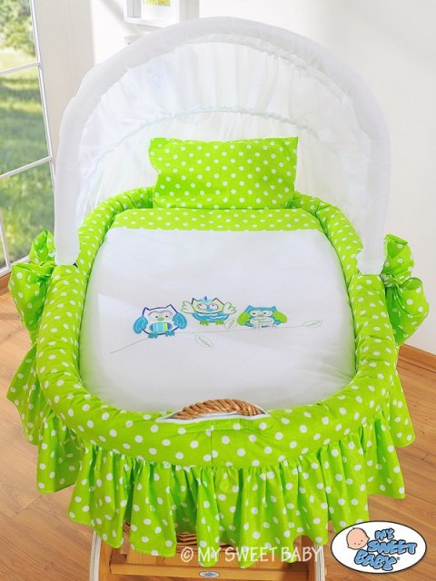 My Sweet Baby Kosz Mojżesza z budką- Sówki naturalny + zielono-biała pościel z haftem