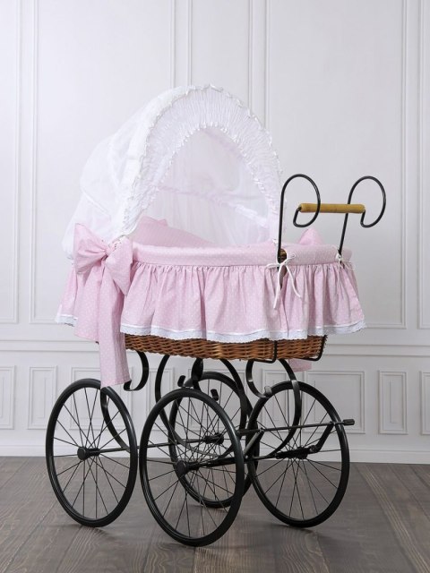 My Sweet Baby Luxury Wiklinowy kosz Mojżesza Retro ze składaną budką Christine - naturalny + różowa pościel z koronką