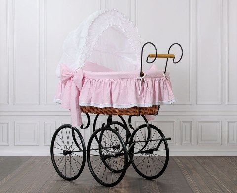My Sweet Baby Luxury Wiklinowy kosz Mojżesza Retro ze składaną budką Christine - naturalny + różowa pościel z koronką