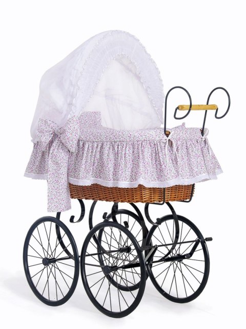 My Sweet Baby Luxury Wiklinowy kosz Mojżesza Retro ze składaną budką Jasmine - naturalny + różowa pościel z koronką