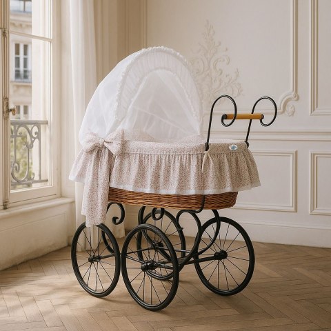 My Sweet Baby Luxury Wiklinowy kosz Mojżesza Retro ze składaną budką Jasmine - naturalny + różowa pościel z koronką