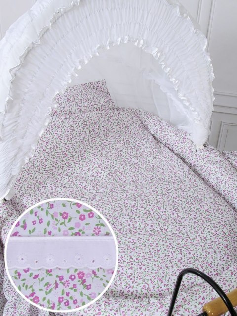 My Sweet Baby Luxury Wiklinowy kosz Mojżesza Retro ze składaną budką Jasmine - naturalny + różowa pościel z koronką