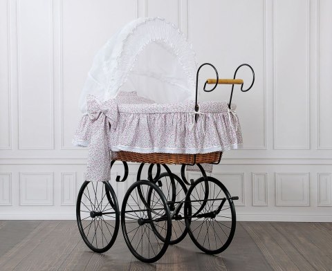 My Sweet Baby Luxury Wiklinowy kosz Mojżesza Retro ze składaną budką Jasmine - naturalny + różowa pościel z koronką