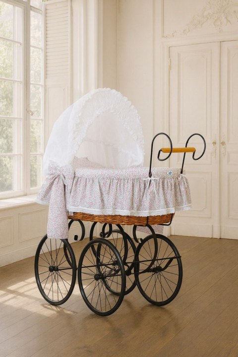 My Sweet Baby Luxury Wiklinowy kosz Mojżesza Retro ze składaną budką Jasmine - naturalny + różowa pościel z koronką