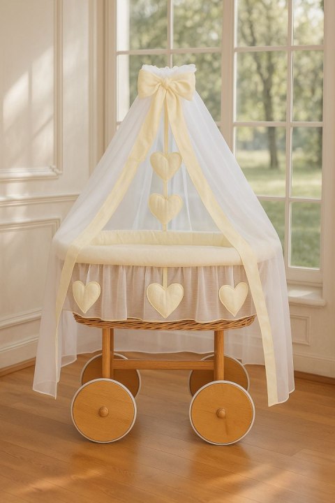 My Sweet Baby Wiklinowy kosz Mojżesza z baldachimem Deluxe Amelia - naturalny + kremowa pościel