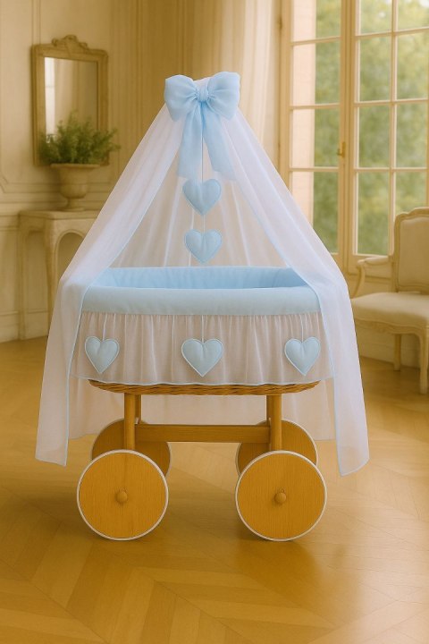 My Sweet Baby Wiklinowy kosz Mojżesza z baldachimem Deluxe Amelia - naturalny + niebieska pościel