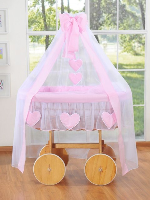 My Sweet Baby Wiklinowy kosz Mojżesza z baldachimem Deluxe Amelia - naturalny + różowa pościel