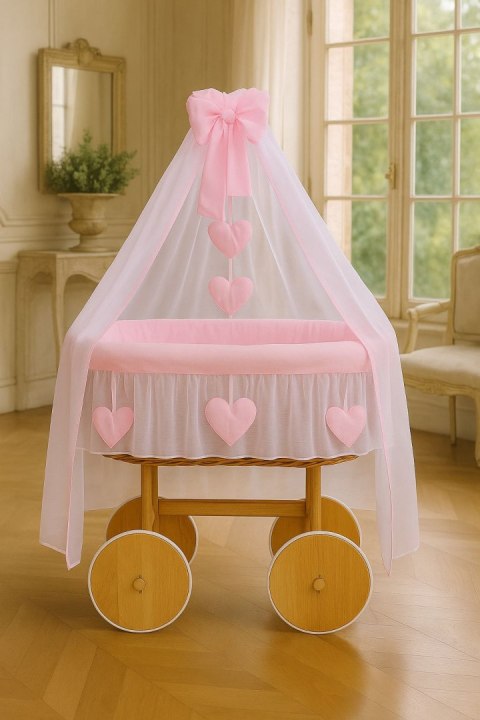 My Sweet Baby Wiklinowy kosz Mojżesza z baldachimem Deluxe Amelia - naturalny + różowa pościel