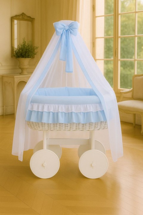 My Sweet Baby Wiklinowy kosz Mojżesza z baldachimem Deluxe Bellamy - biały + niebieska pościel