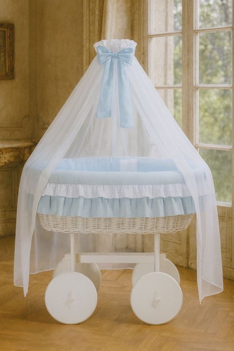 My Sweet Baby Wiklinowy kosz Mojżesza z baldachimem Deluxe Bellamy - biały + niebieska pościel
