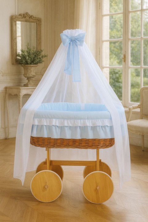 My Sweet Baby Wiklinowy kosz Mojżesza z baldachimem Deluxe Bellamy - naturalny + niebieska pościel