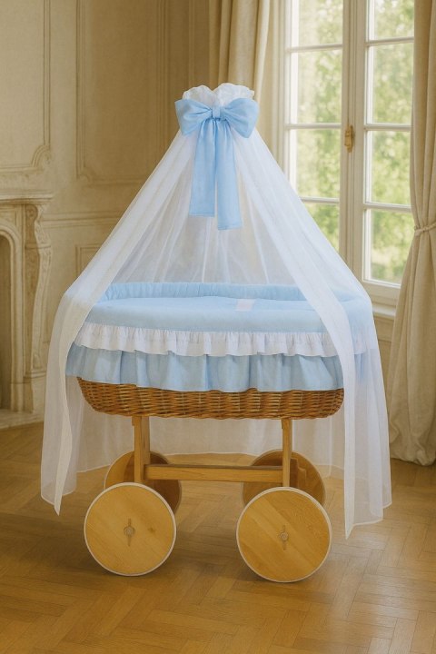 My Sweet Baby Wiklinowy kosz Mojżesza z baldachimem Deluxe Bellamy - naturalny + niebieska pościel