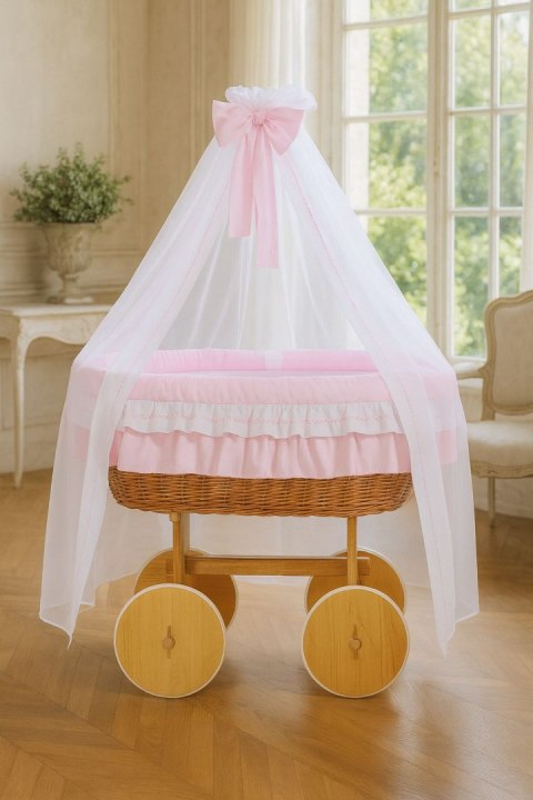 My Sweet Baby Wiklinowy kosz Mojżesza z baldachimem Deluxe Bellamy - naturalny + różowa pościel