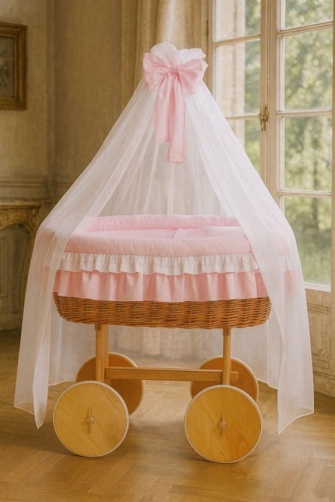 My Sweet Baby Wiklinowy kosz Mojżesza z baldachimem Deluxe Bellamy - naturalny + różowa pościel