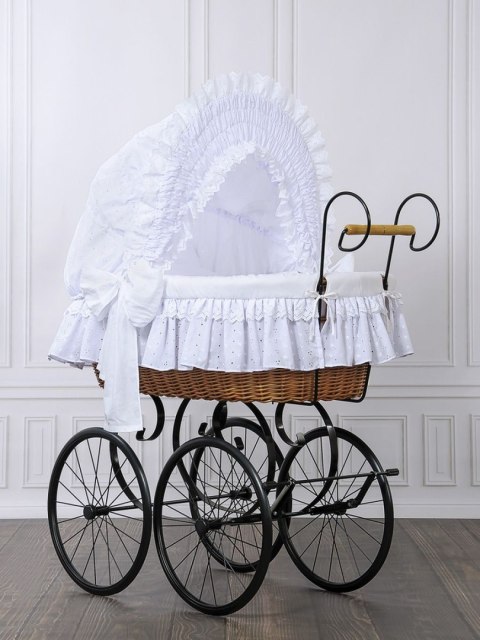 My Sweet Baby Luxury Wiklinowy kosz Mojżesza Retro ze składaną budką Charlotte - naturalny + biała pościel z koronką
