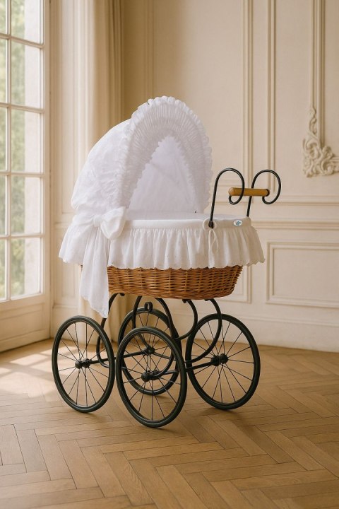 My Sweet Baby Luxury Wiklinowy kosz Mojżesza Retro ze składaną budką Charlotte - naturalny + biała pościel z koronką