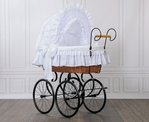 My Sweet Baby Luxury Wiklinowy kosz Mojżesza Retro ze składaną budką Charlotte - naturalny + biała pościel z koronką