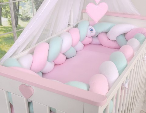 My Sweet Baby Ochraniacz warkocz pleciony do łóżeczka XXL - biało-różowo - miętowy