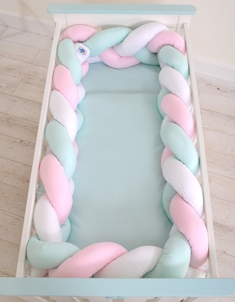 My Sweet Baby Ochraniacz warkocz pleciony do łóżeczka XXL - biało-różowo - miętowy