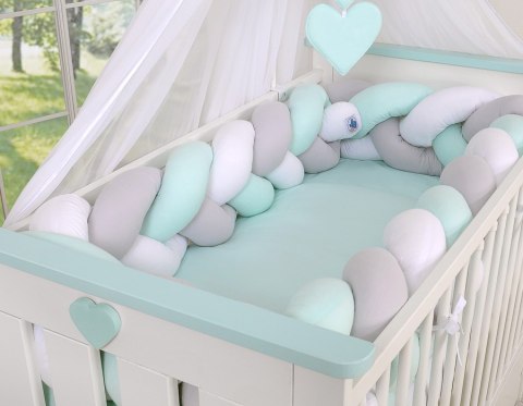 My Sweet Baby Ochraniacz warkocz pleciony do łóżeczka XXL - biało-szary - miętowy