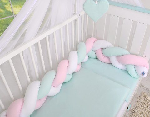 My Sweet Baby Ochraniacz warkocz pleciony do łóżeczka - biało- różowo-miętowy