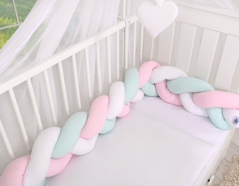 My Sweet Baby Ochraniacz warkocz pleciony do łóżeczka - biało- różowo-miętowy